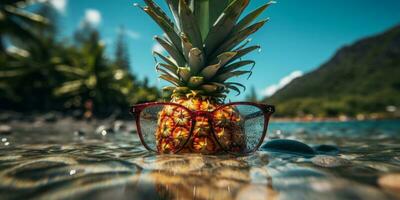 ananas bär solglasögon i en träd på de Strand. ai genererad foto