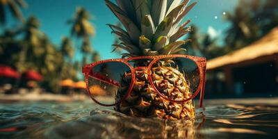 ananas bär solglasögon i en träd på de Strand. ai genererad foto