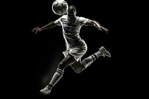 fotboll spelare i mitten luft sparkar boll på en svart bakgrund . ai genererad foto