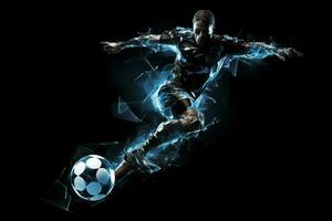 fotboll spelare i mitten luft sparkar boll på en svart bakgrund . ai genererad foto