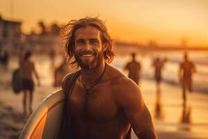 man med surfingbräda på hav strand på solnedgång. generativ ai foto