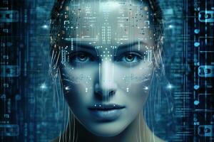 digital kvinna ansikte hologram på trogen bakgrund. generativ ai foto