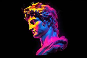 gips antik staty med neon färgad bakgrund. generativ ai foto