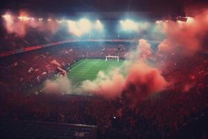 fotboll stadion med belyst lampor, bloss och rök bomber. generativ ai foto