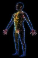 mänsklig kropp silhuett med energi poäng. anatomisk modell. generativ ai foto