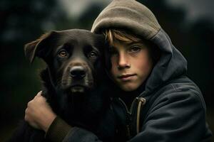 pojke och hund porträtt. sällskapsdjur vård. människor känslor. generativ ai foto