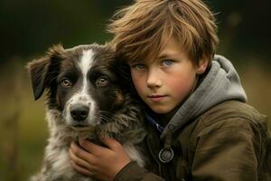 pojke och hund porträtt. sällskapsdjur vård. människor känslor. generativ ai foto