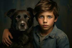 pojke och hund porträtt. sällskapsdjur vård. människor känslor. generativ ai foto