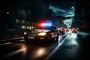 polis bil med blottare lampor på natt gata. generativ ai foto