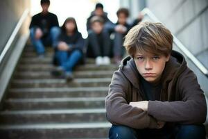 skola pojke Sammanträde ensam på trappa. offer av skola mobbning. generativ ai foto
