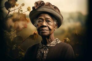 kreativ eleganta porträtt av äldre svart kvinna. generativ ai foto