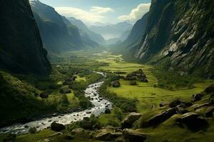 grön dal med beatiful se på flod och berg. generativ ai foto