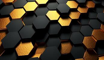 abstrakt svart och guld hexagonal lyx bakgrund. ai genererad foto