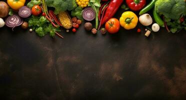 grönsaker uppsättning och kryddor för matlagning på mörk bakgrund. ai genererad foto