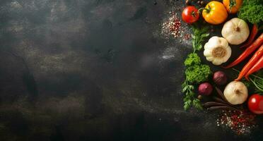 grönsaker uppsättning och kryddor för matlagning på mörk bakgrund. ai genererad foto