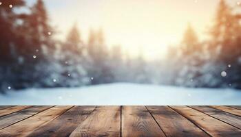 tömma trä- tabell i främre av vinter- landskap suddig bakgrund.ai genererad foto