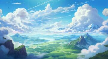 sommar blå himmel och fantasi moln på de topp av en berg bakgrund.ai genererad foto