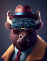 gangster bison eller buffel med modern kostym täcka. ai genererad foto
