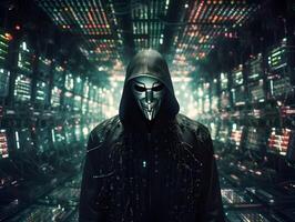 anonym hacker. begrepp av Cyber brott, Cyber attack, mörk webb. ai genererad foto