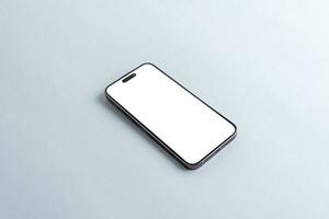 smartphone med tom vit visa skärm på grå tabell för app eller webb sida presentation foto