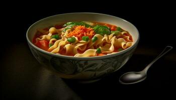 friska vegetarian pasta måltid i en gourmet skål med färsk grönsaker genererad förbi ai foto