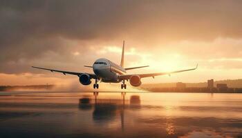 passagerare flygplan tar av på gryning, reflekterande på vatten Nedan genererad förbi ai foto