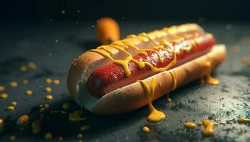 grillad varm hund på bulle med ketchup, en klassisk amerikan mellanmål genererad förbi ai foto