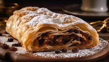 hemlagad äpple strudel, en ljuv bakverk glädje genererad förbi ai foto