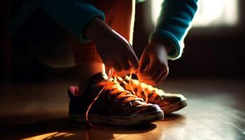 kvitt skosnören för friska sporter Träning utomhus genererad förbi ai foto