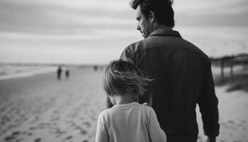 familj omfamnar på strand, njuter sommar semester genererad förbi ai foto