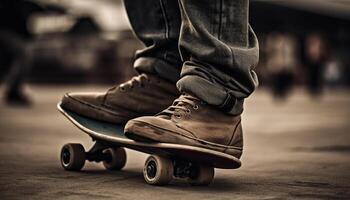 sporter sko på skateboard, cruising genom stad genererad förbi ai foto