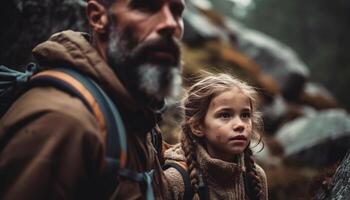 två män vandring i de skog, leende genererad förbi ai foto