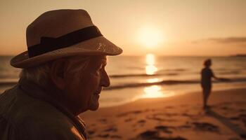 senior män leende, njuter pensionering på strand genererad förbi ai foto