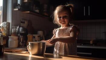 söt flicka leende, framställning deg för familj genererad förbi ai foto