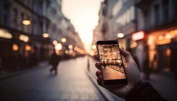 hand innehav telefon, stad lampor belysa natt genererad förbi ai foto