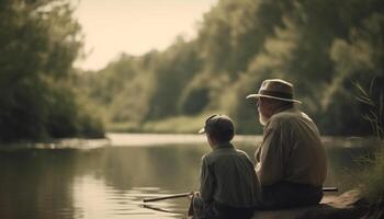 två senior män Sammanträde fiske, njuter natur genererad förbi ai foto