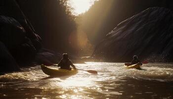 män och kvinnor paddling kanot i natur genererad förbi ai foto