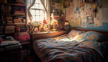 mysigt modern sovrum med rörig strö genererad förbi ai foto