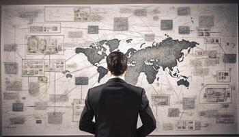 ung affärsman stående, innehav värld Karta Diagram genererad förbi ai foto