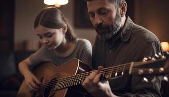 familj bindning genom gitarr spelar på Hem genererad förbi ai foto