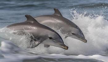 lekfull flaska näsa delfin Hoppar i djup vatten genererad förbi ai foto