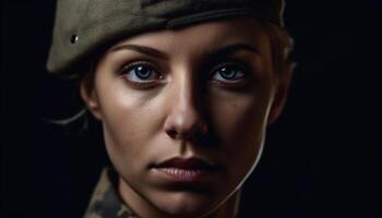 skön ung kvinna i militär kamouflage keps genererad förbi ai foto