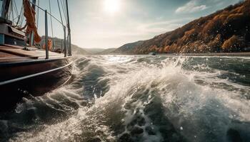 segling Yacht glider på blå havsbild, solnedgång äventyr genererad förbi ai foto