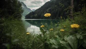 gul daisy i grön äng, lugn scen genererad förbi ai foto