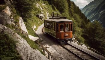 över huvudet kabel- bil transporter turister till berg topp genererad förbi ai foto