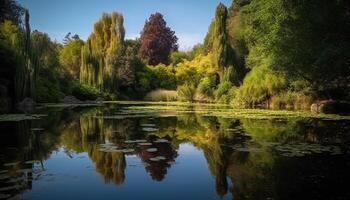 lugn scen av reflexion sjö i vildmark genererad förbi ai foto