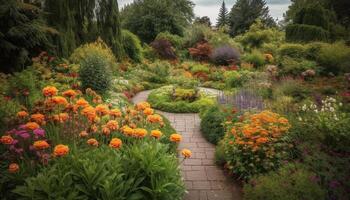 vibrerande tulpan blommar dekorera formell trädgård väg genererad förbi ai foto