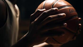 basketboll spelare innehav boll, siktar för korg genererad förbi ai foto