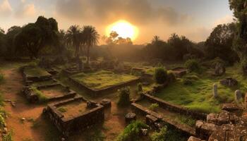 gammal ruiner av hindu tempel i tropisk skog genererad förbi ai foto