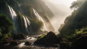 lugn scen, majestätisk vattenfall, tropisk regnskog äventyr genererad förbi ai foto
